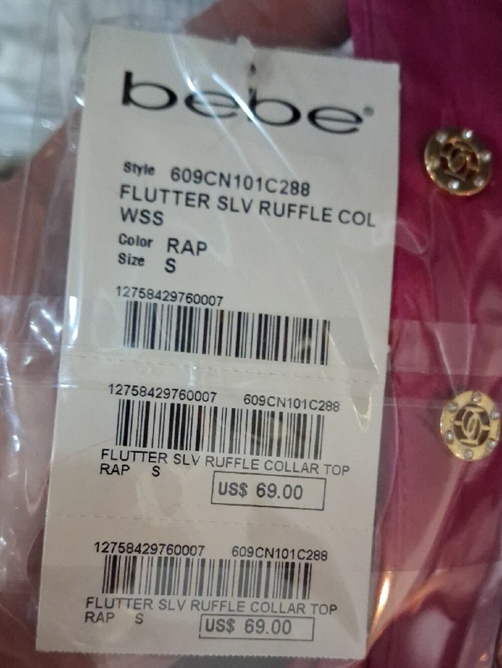 NWT Bebe Fuchsia Pink Flutter Sleeve Ruffle Collar Blouse - Size S - Picture 12 of 12